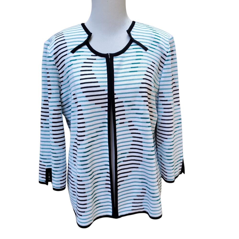 Ming Wang Chic Jacket Blue White Stripe Black Trim Notch Cuff Shoulder Pads Sz M